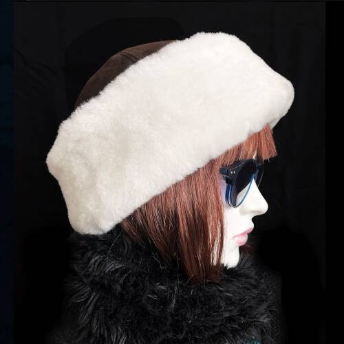Shark Anatolia El Yapımı %100 Yün Kısa Beyaz Kürklü Kadın Gerçek Deri Şapka - 5