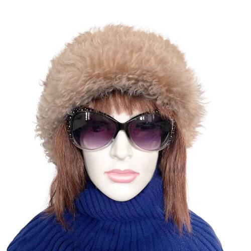 Shark Anatolia El Yapımı %100 Yün Kıvırcık Açık Kahve Kürklü Kadın Gerçek Deri Şapka - 1