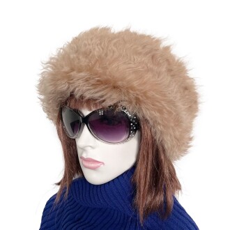 Shark Anatolia El Yapımı %100 Yün Kıvırcık Açık Kahve Kürklü Kadın Gerçek Deri Şapka - 3