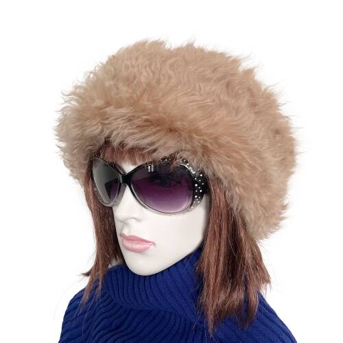 Shark Anatolia El Yapımı %100 Yün Kıvırcık Açık Kahve Kürklü Kadın Gerçek Deri Şapka - 3