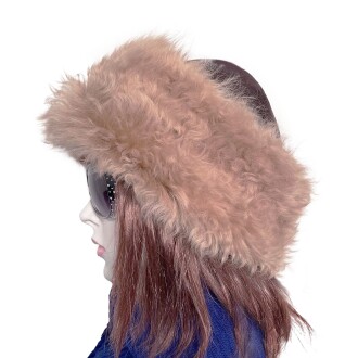 Shark Anatolia El Yapımı %100 Yün Kıvırcık Açık Kahve Kürklü Kadın Gerçek Deri Şapka - 4