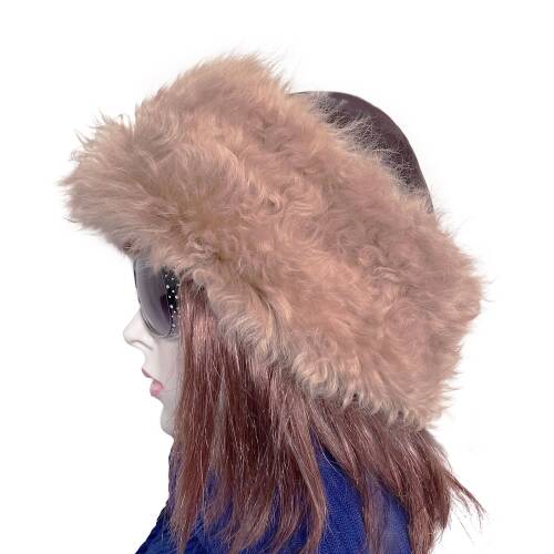 Shark Anatolia El Yapımı %100 Yün Kıvırcık Açık Kahve Kürklü Kadın Gerçek Deri Şapka - 4