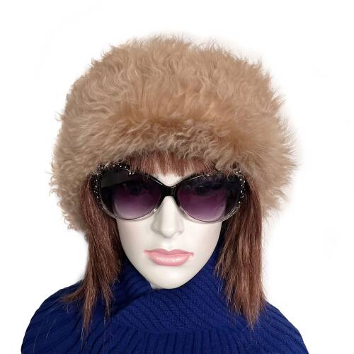 Shark Anatolia El Yapımı %100 Yün Kıvırcık Açık Kahve Kürklü Kadın Gerçek Deri Şapka - 9