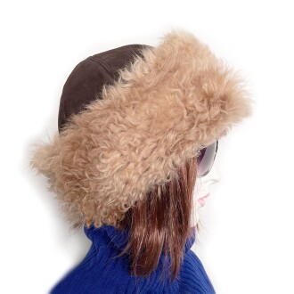 Shark Anatolia El Yapımı %100 Yün Kıvırcık Açık Kahve Kürklü Kadın Gerçek Deri Şapka - 10
