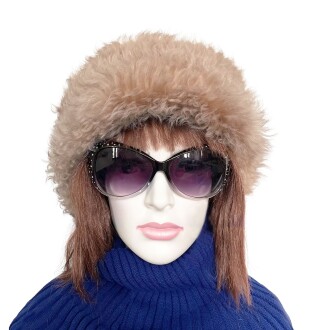 Leather Winter Hat For Women 100% Soft Wool Fur, Curly Light Brown Fur