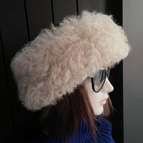 Shark Anatolia El Yapımı %100 Yün Kıvırcık Krem Kürklü Kadın Gerçek Deri Şapka - 9