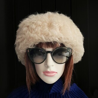 Shark Anatolia - 100% Wool Fur, Leather Winter Hat For Women Curly Cream Beige Fur