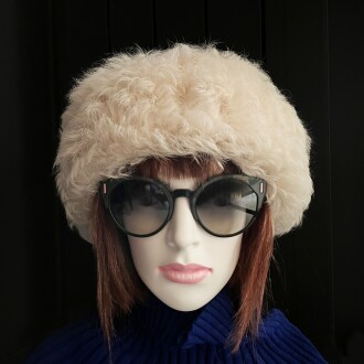 100% Wool Fur, Leather Winter Hat For Women Curly Cream Beige Fur