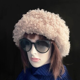 Leather Winter Hat For Women 100% Wool Fur, Curly Cream Fur