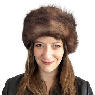 100% Wool Fur, Leather Winter Hat For Women Dark Brown Fur