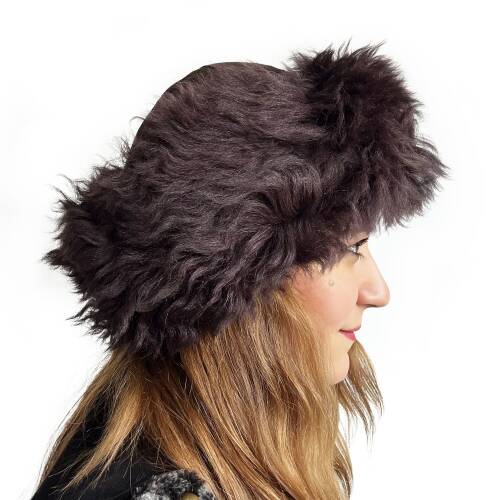 Shark Anatolia El Yapımı  %100 Yün Mürdüm Kürklü Kadın Gerçek Deri Börk Şapka - 9