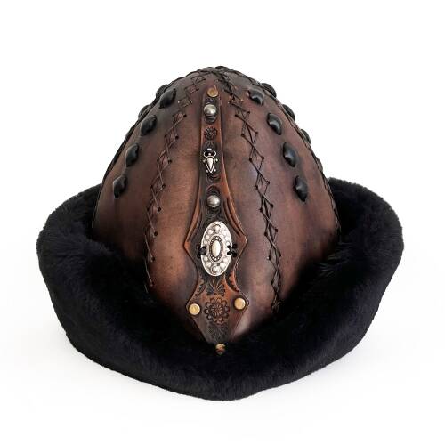 Shark Anatolia Ertuğrul Gazi Kabartma Desen Metal Broş Hakiki Deri Börk Şapka Kahve-Siyah-58 - 4
