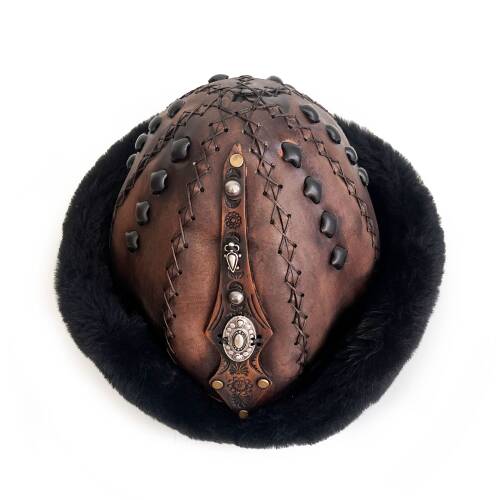 Shark Anatolia Ertuğrul Gazi Kabartma Desen Metal Broş Hakiki Deri Börk Şapka Kahve-Siyah-58 - 10