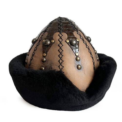 Shark Anatolia Ertuğrul Gazi Şapka Hakiki Deri Düğme Zımbalı Börk Hardal Kahve - 3