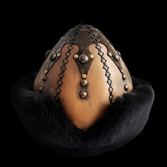 Shark Anatolia - Shark Anatolia Ertugrul Gazi Genuine Leather Handmade Button Studded Börk Hat Mustard Brown