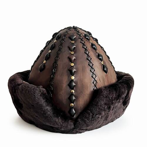 Shark Anatolia Ertuğrul Gazi Şapka Hakiki Deri Kabartma Desen Zımbalı Börk Antik Kahve-61 - 2