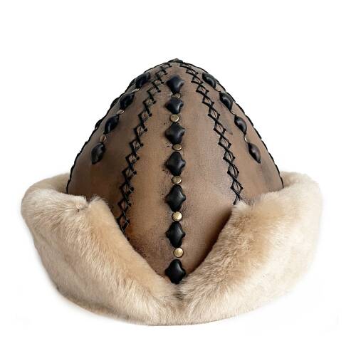 Shark Anatolia Ertuğrul Gazi Şapka Hakiki Deri Zımbalı Börk Antik Açık Kahve-62 - 2