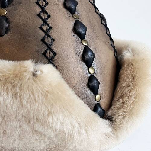 Shark Anatolia Ertuğrul Gazi Şapka Hakiki Deri Zımbalı Börk Antik Açık Kahve-62 - 8