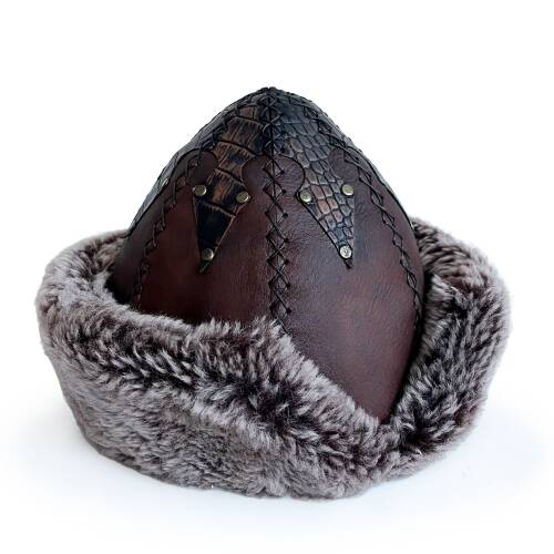 Shark Anatolia Ertuğrul Gazi Şapka Hakiki Sert Deri Zımbalı Yılan Dokusu Detaylı Börk Acı Kahve - 3