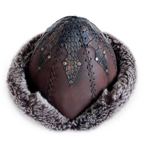 Shark Anatolia Ertuğrul Gazi Şapka Hakiki Sert Deri Zımbalı Yılan Dokusu Detaylı Börk Acı Kahve - 4