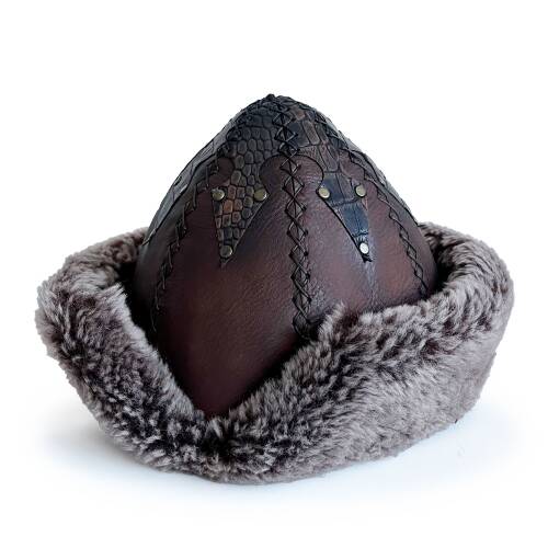 Shark Anatolia Ertuğrul Gazi Şapka Hakiki Sert Deri Zımbalı Yılan Dokusu Detaylı Börk Acı Kahve - 5