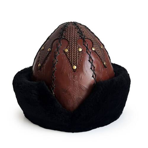 Shark Anatolia Ertuğrul Gazi Şapka Kesmeli Desen İşlemeli Hakiki Deri Zımbalı Börk Kızıl Kahve-59 - 2