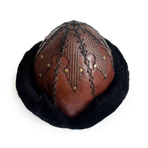 Shark Anatolia Ertuğrul Gazi Şapka Kesmeli Desen İşlemeli Hakiki Deri Zımbalı Börk Kızıl Kahve-59 - 4