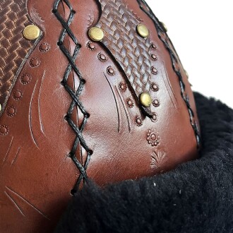 Shark Anatolia Ertuğrul Gazi Şapka Kesmeli Desen İşlemeli Hakiki Deri Zımbalı Börk Kızıl Kahve-59 - 9