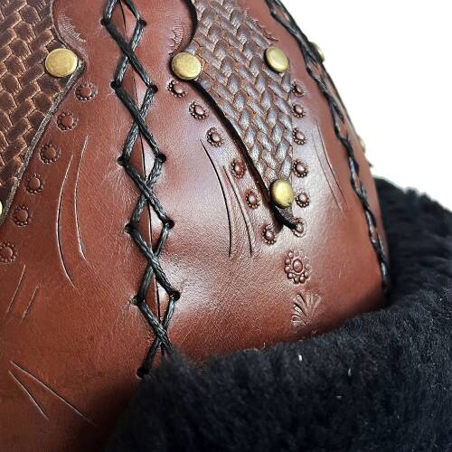 Shark Anatolia Ertuğrul Gazi Şapka Kesmeli Desen İşlemeli Hakiki Deri Zımbalı Börk Kızıl Kahve-59 - 9