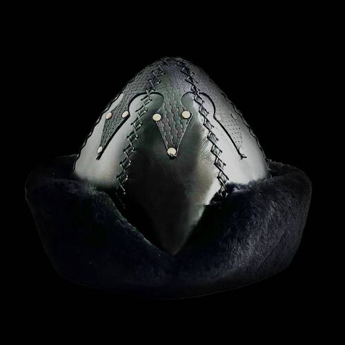 Shark Anatolia Ertuğrul Gazi Şapka Parlak Hakiki Deri Çapraz Dikiş Zımbalı Börk Siyah-62