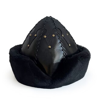 Shark Anatolia Ertuğrul Gazi Şapka Parlak Hakiki Deri Çapraz Dikiş Zımbalı Börk Siyah-62 - 2