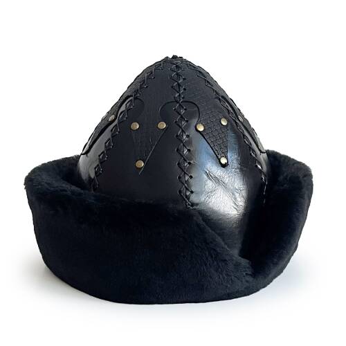 Shark Anatolia Ertuğrul Gazi Şapka Parlak Hakiki Deri Çapraz Dikiş Zımbalı Börk Siyah-62 - 3