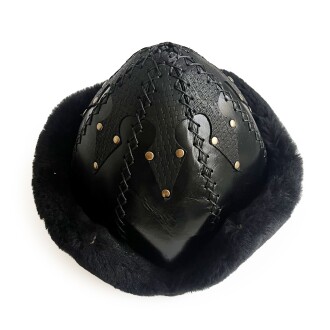 Shark Anatolia Ertuğrul Gazi Şapka Parlak Hakiki Deri Çapraz Dikiş Zımbalı Börk Siyah-62 - 4