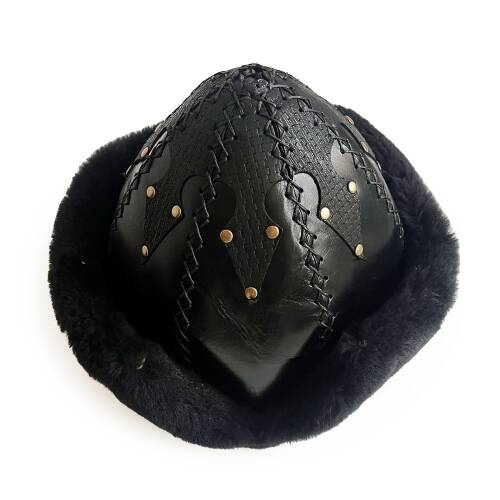 Shark Anatolia Ertuğrul Gazi Şapka Parlak Hakiki Deri Çapraz Dikiş Zımbalı Börk Siyah-62 - 4