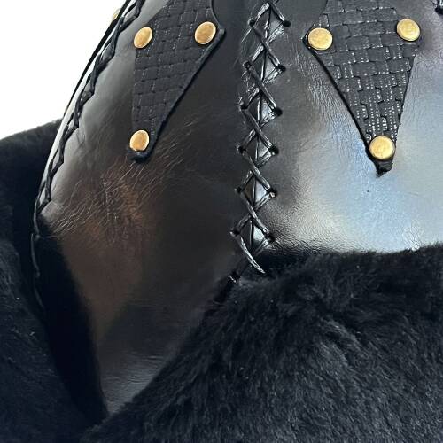 Shark Anatolia Ertuğrul Gazi Şapka Parlak Hakiki Deri Çapraz Dikiş Zımbalı Börk Siyah-62 - 8