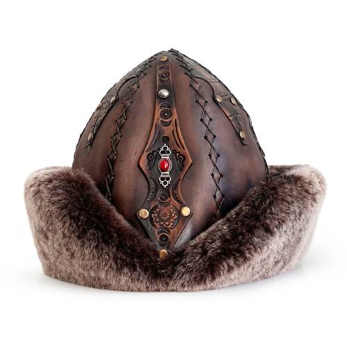 Shark Anatolia Ertuğrul Gazi Zımbalı Kırmızı Metal Broş Çapraz Dikiş Hakiki Deri Börk Şapka Kahve-58 - 2
