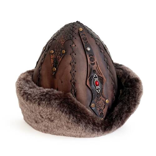 Shark Anatolia Ertuğrul Gazi Zımbalı Kırmızı Metal Broş Çapraz Dikiş Hakiki Deri Börk Şapka Kahve-58 - 3