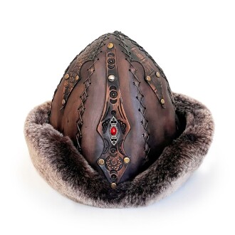 Shark Anatolia Ertuğrul Gazi Zımbalı Kırmızı Metal Broş Çapraz Dikiş Hakiki Deri Börk Şapka Kahve-58 - 4