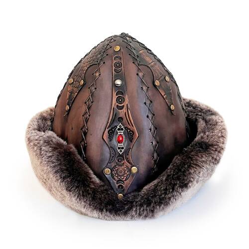 Shark Anatolia Ertuğrul Gazi Zımbalı Kırmızı Metal Broş Çapraz Dikiş Hakiki Deri Börk Şapka Kahve-58 - 4