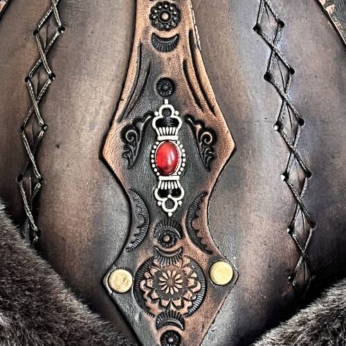 Shark Anatolia Ertuğrul Gazi Zımbalı Kırmızı Metal Broş Çapraz Dikiş Hakiki Deri Börk Şapka Kahve-58 - 7