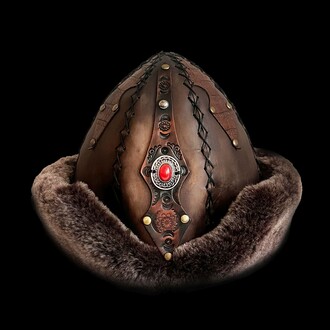 Shark Anatolia - Shark Anatolia Ertuğrul Gazi Studded Red Metal Brooch Cross Stitch Genuine Leather Börk Hat Brown 58 cm / 22.8