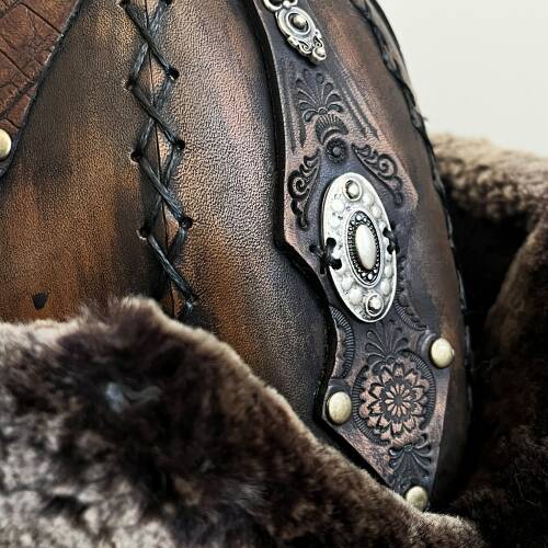 Shark Anatolia Ertuğrul Gazi Zımbalı Metal Broş Çapraz Dikiş Hakiki Deri Börk Şapka Antik Kahve-59 - 6