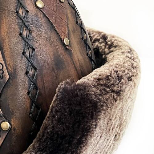 Shark Anatolia Ertuğrul Gazi Zımbalı Metal Broş Çapraz Dikiş Hakiki Deri Börk Şapka Antik Kahve-59 - 7