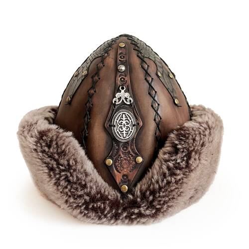Shark Anatolia Ertuğrul Gazi Zımbalı Metal Elips Broş Çapraz Dikiş Hakiki Deri Börk Şapka Kahve-57 - 2