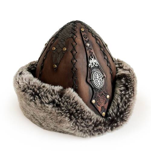 Shark Anatolia Ertuğrul Gazi Zımbalı Metal Elips Broş Çapraz Dikiş Hakiki Deri Börk Şapka Kahve-57 - 3