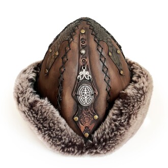 Shark Anatolia Ertuğrul Gazi Zımbalı Metal Elips Broş Çapraz Dikiş Hakiki Deri Börk Şapka Kahve-57 - 4