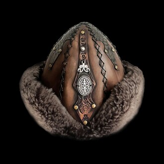 Shark Anatolia - Shark Anatolia Ertuğrul Gazi Studded Metal Ellipse Brooch Cross Stitch Genuine Leather Börk Hat Brown 57 cm/22.4"