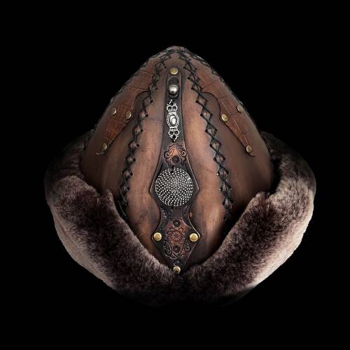 Shark Anatolia Ertuğrul Gazi Zımbalı Metal Yuvarlak Broş Çapraz Dikiş Hakiki Deri Börk Şapka Kahve-60 - 1