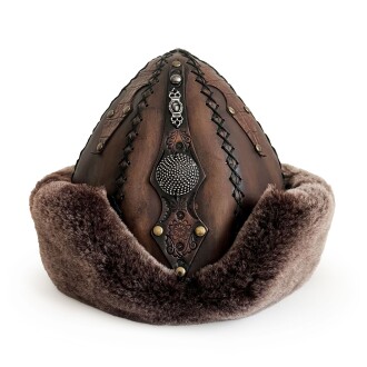 Shark Anatolia Ertuğrul Gazi Zımbalı Metal Yuvarlak Broş Çapraz Dikiş Hakiki Deri Börk Şapka Kahve-60 - 2