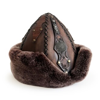 Shark Anatolia Ertuğrul Gazi Zımbalı Metal Yuvarlak Broş Çapraz Dikiş Hakiki Deri Börk Şapka Kahve-60 - 4